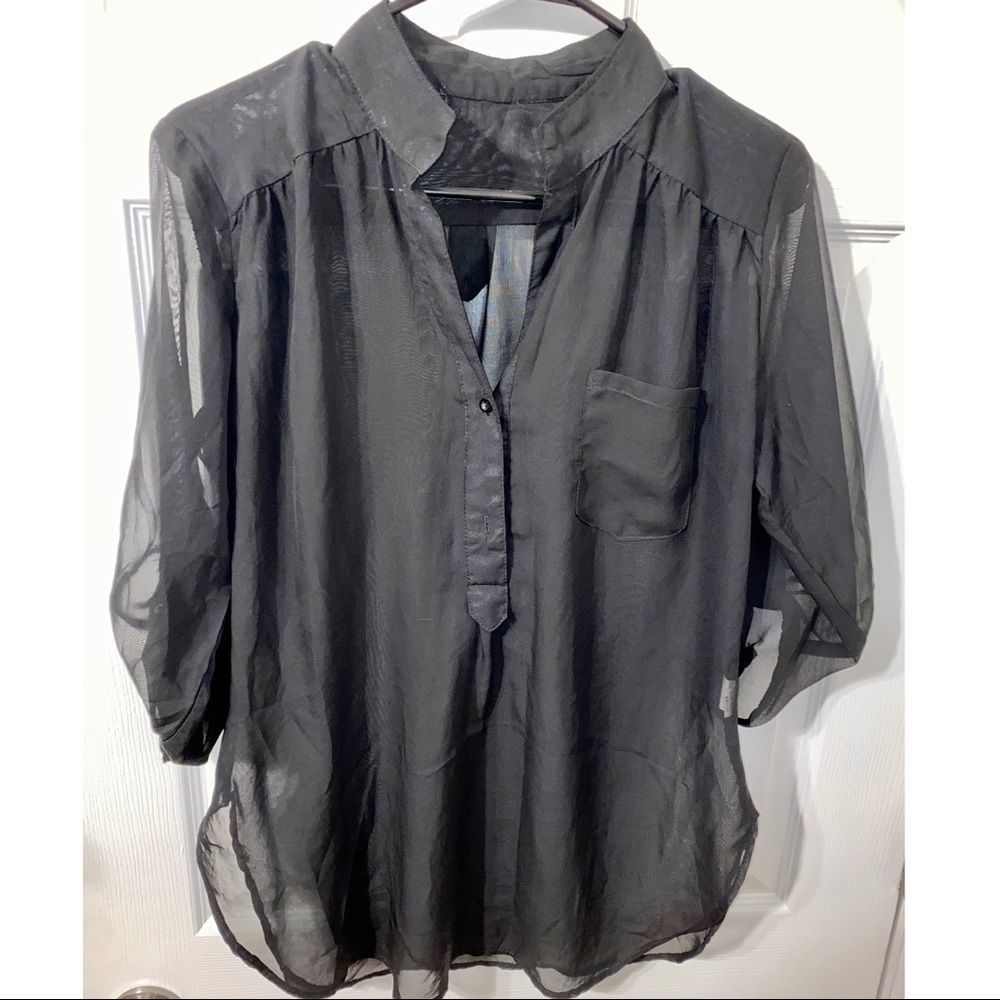 Black Sheer 3/4 Sleeved Half Button Top